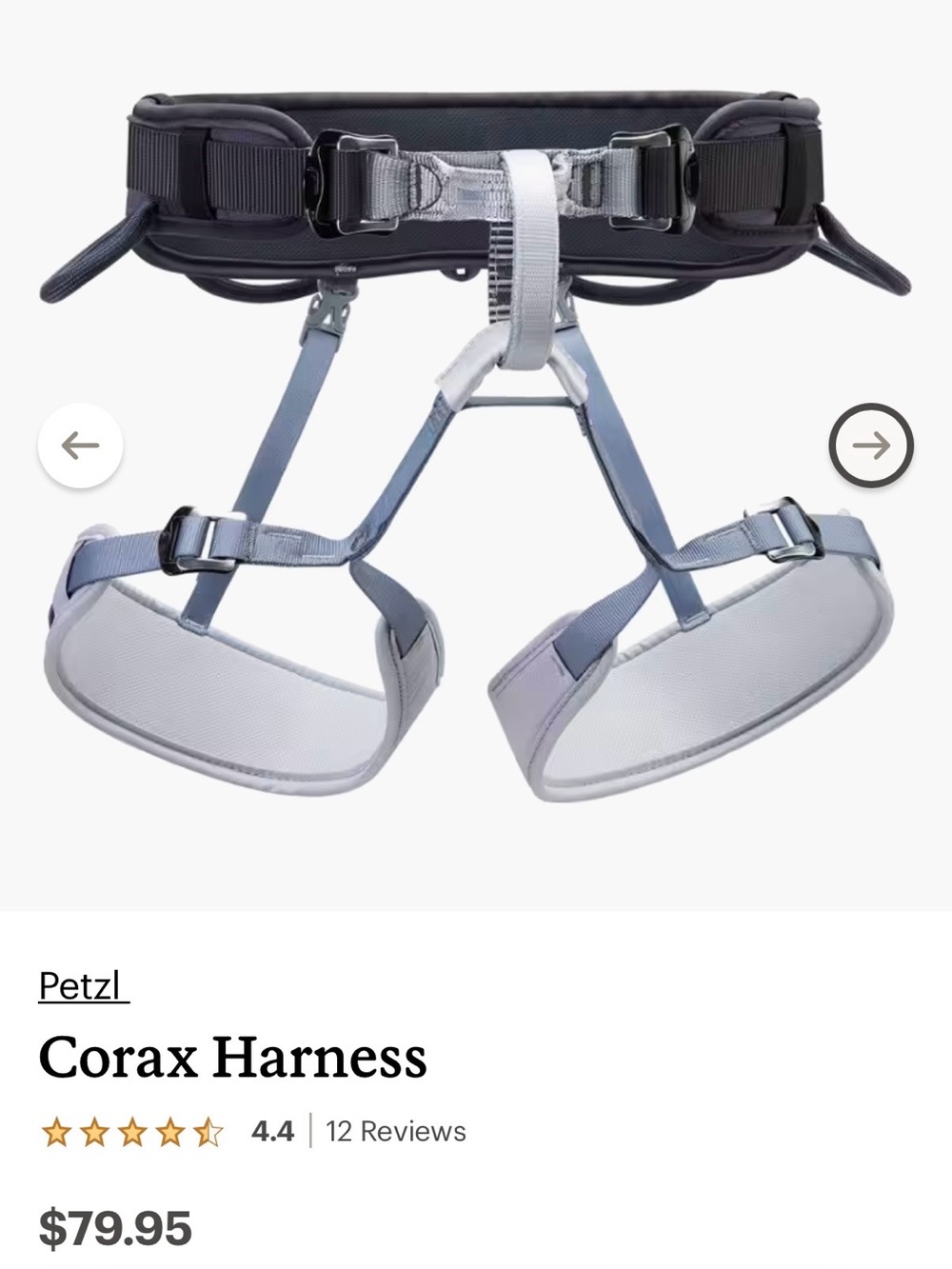 Petzl Corax Women's Climbing Harness in Gray and Black